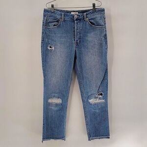 H&M Conscious Denim Jeans size 10 Distressed Blue Stretch Raw Hem